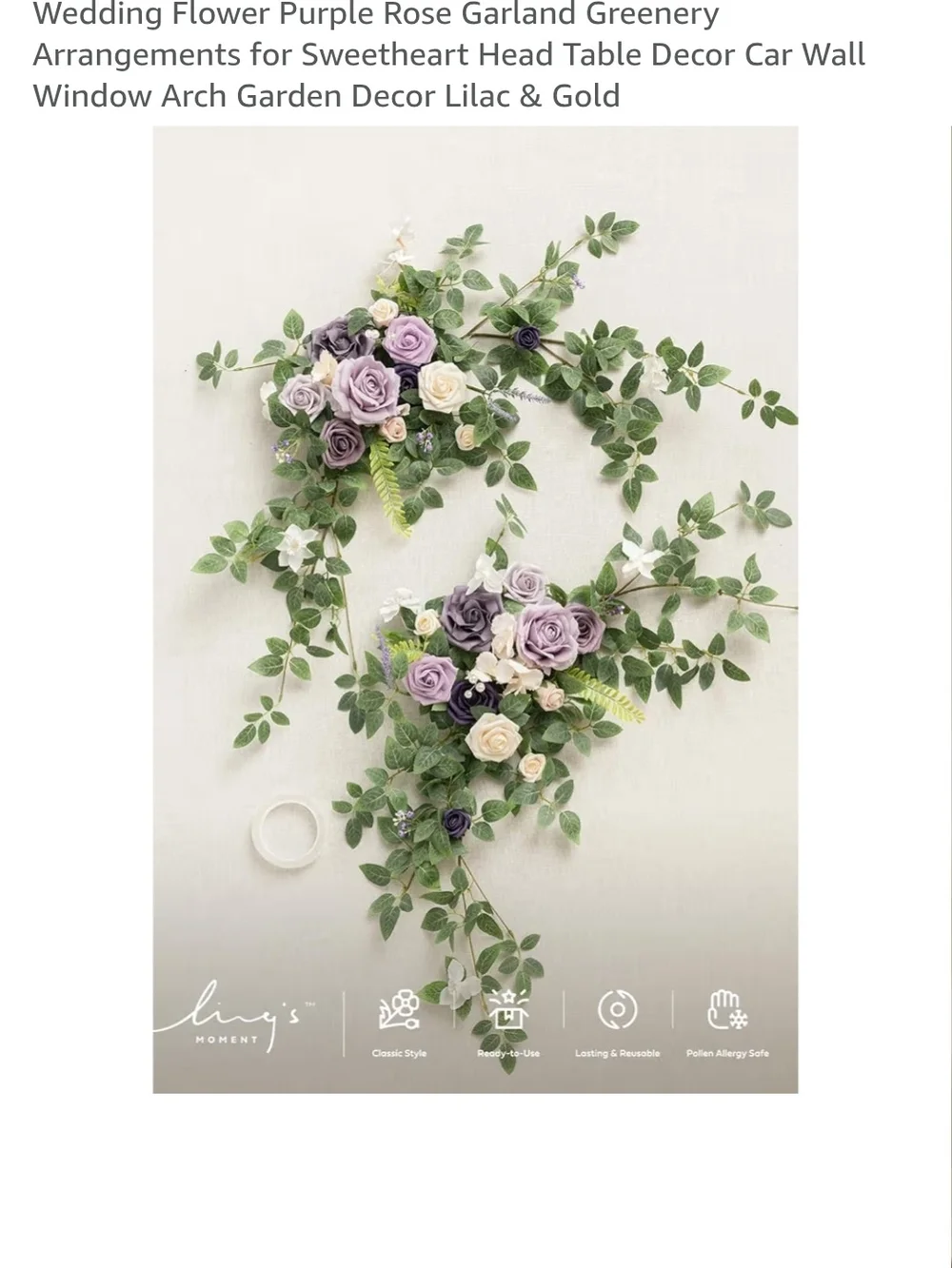 Set Of 12 Artificial Rose Garland with Lilac & Cream Blooms and Greenery